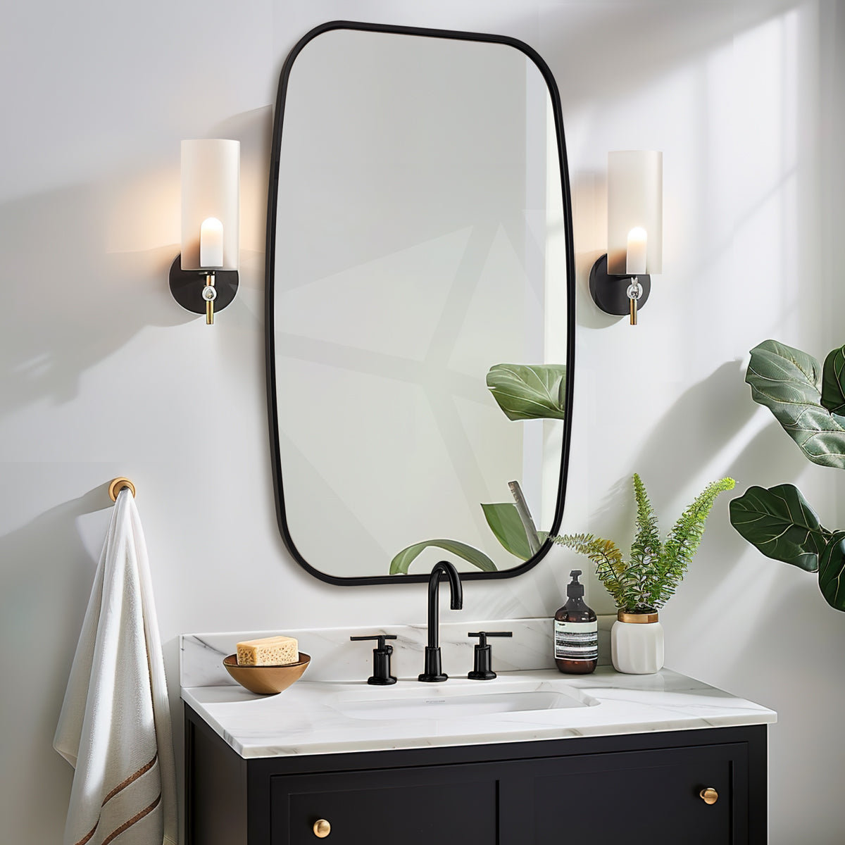 Contemporary Thick Framed Oblong Bathroom Mirror Long Oval Mirror | Stainless Steel Frame