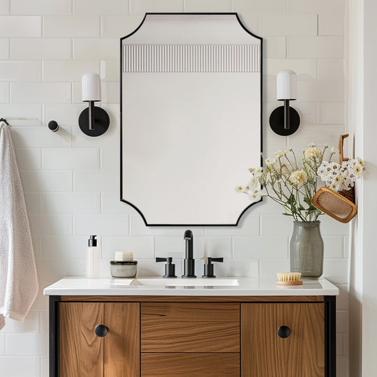 Contemporary  Notched Corner Scalloped  Rectangle Bathroom Wall Mirror | Stainless Steel Frame