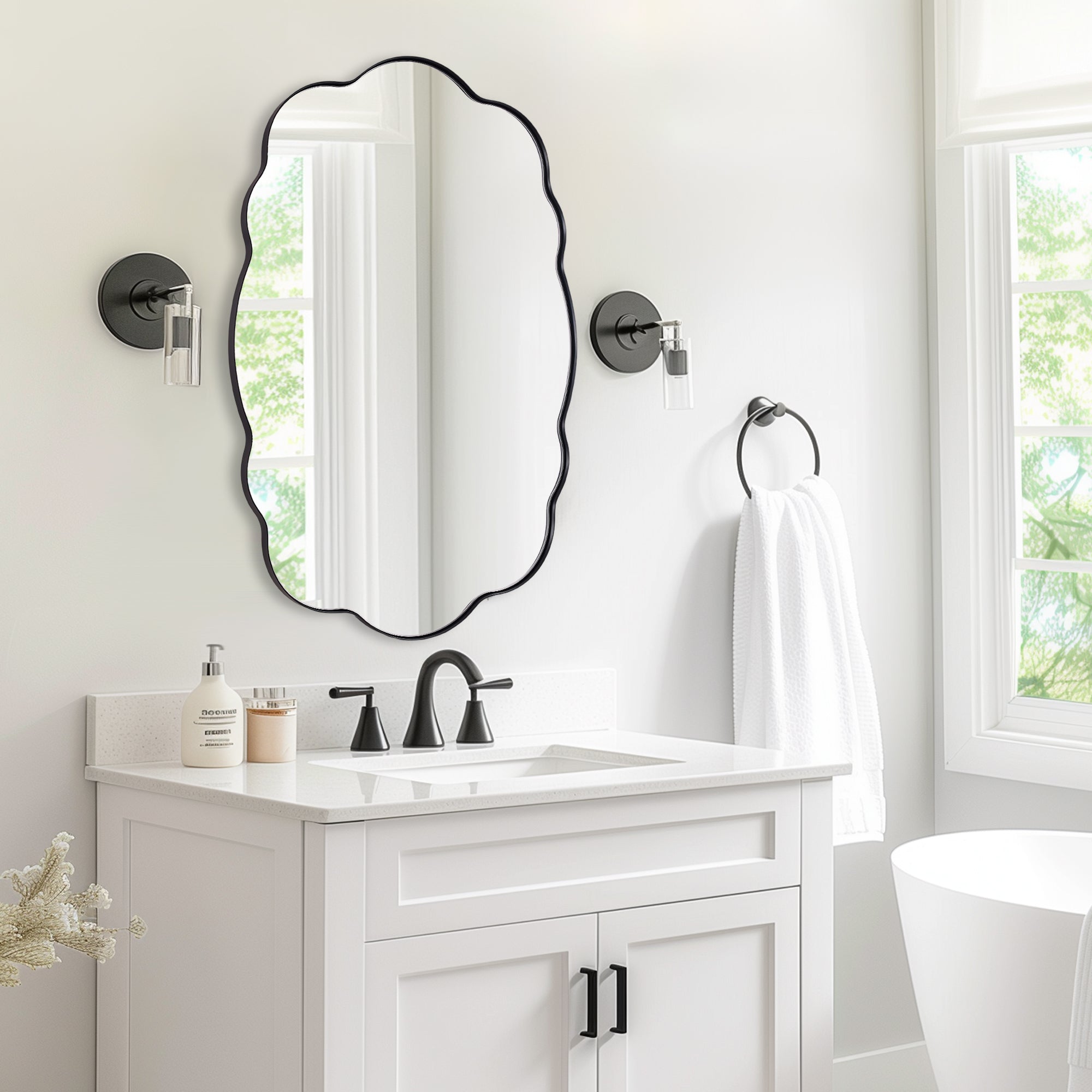 Contemporary Wavy Oval Scalloped Bathroom Vanity Mirror  Irregular Decorative Mirror| Stainless Steel Framed