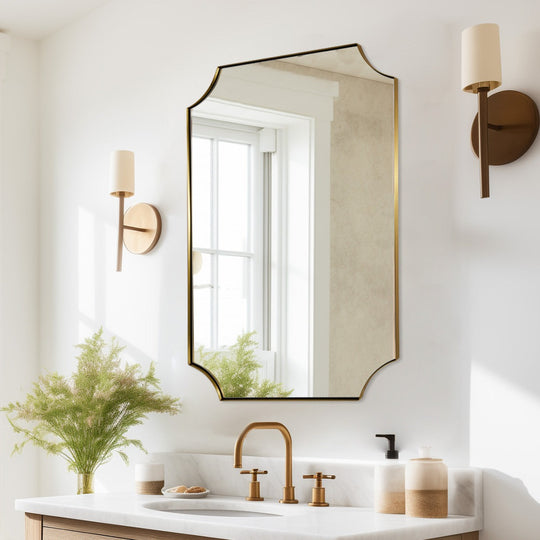 Contemporary  Notched Corner Scalloped  Rectangle Bathroom Wall Mirror | Stainless Steel Frame