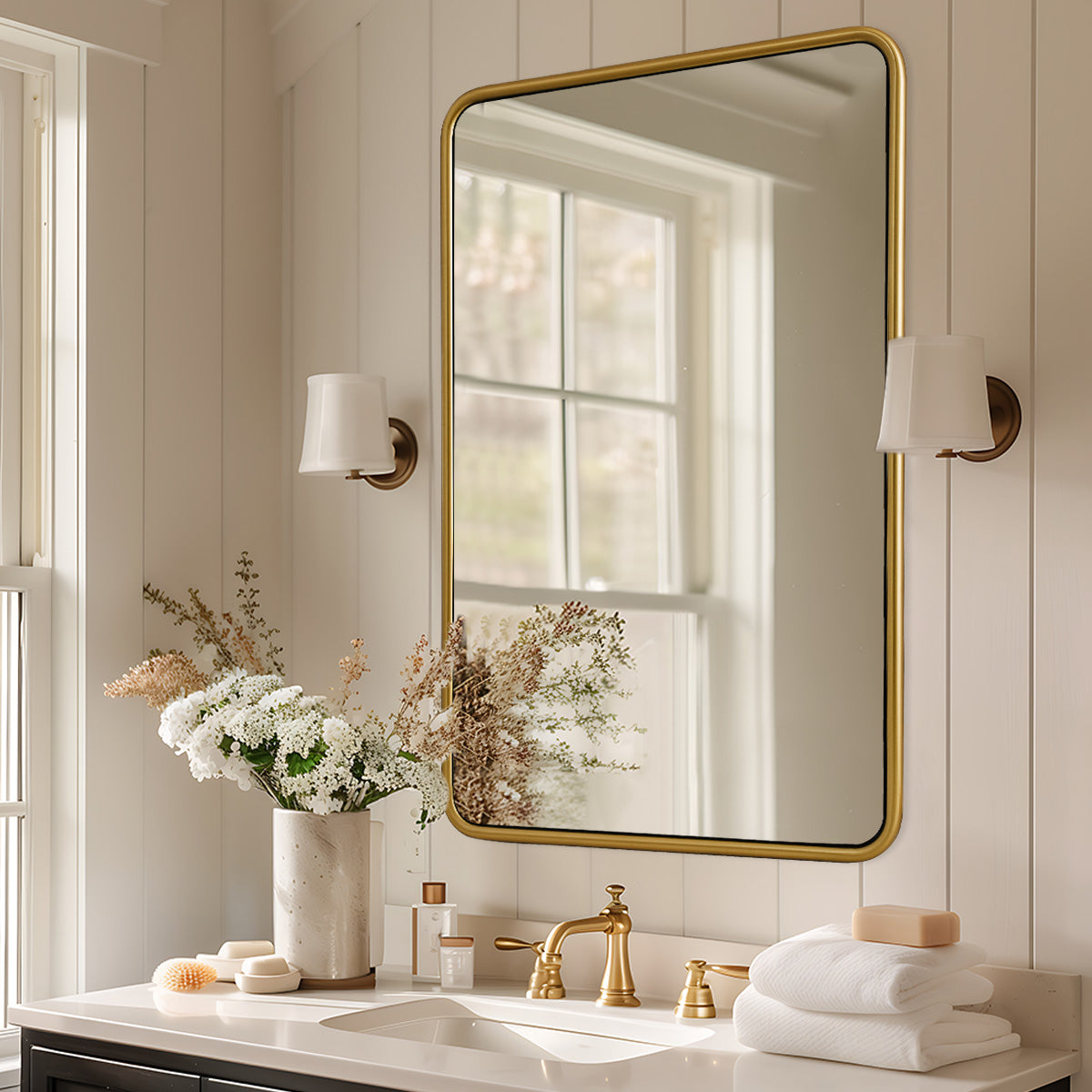 Modern Bathroom Mirror with Rounded Corners | Stainless Steel O-Tube Frame Design