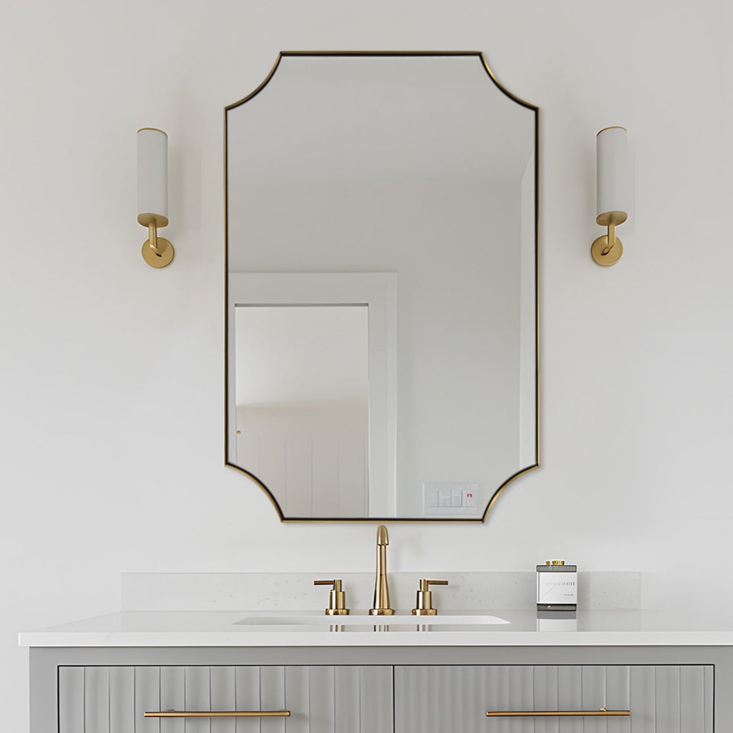 Contemporary  Notched Corner Scalloped  Rectangle Bathroom Wall Mirror | Stainless Steel Frame