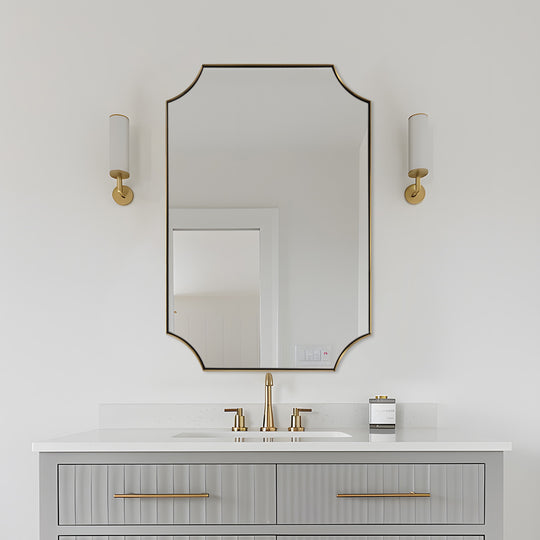 Contemporary  Notched Corner Scalloped  Rectangle Bathroom Wall Mirror | Stainless Steel Frame