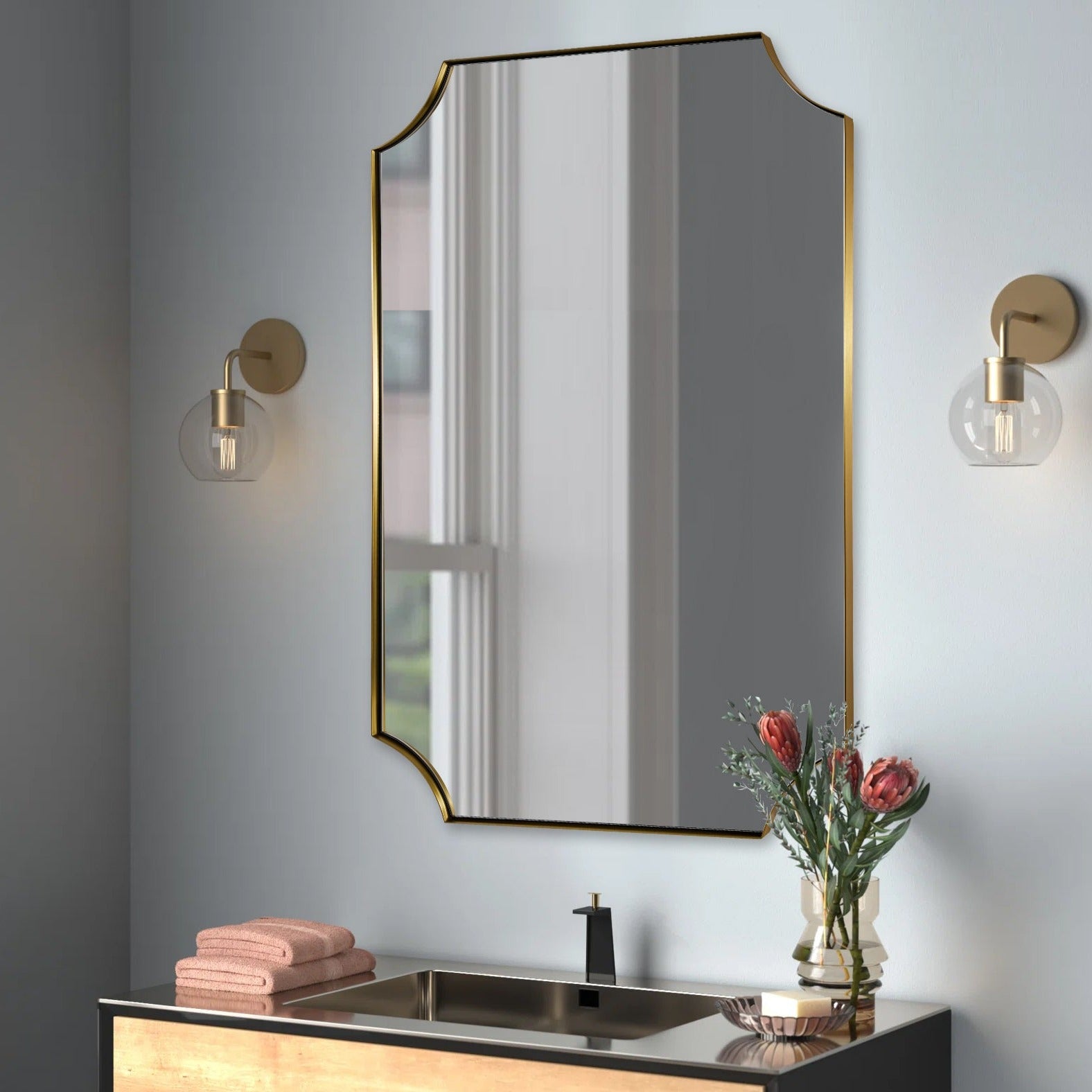 Traditional Notched Corner Metal Framed Irregular Scalloped Bathroom Wall Mirror