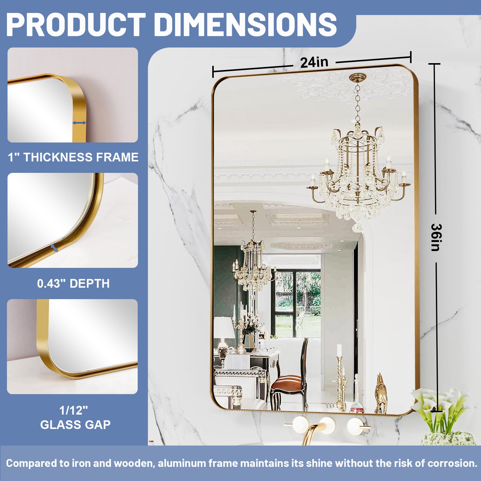 Modern Rounded Rectangular Bathroom Wall Mirrors with Aluminum Frame