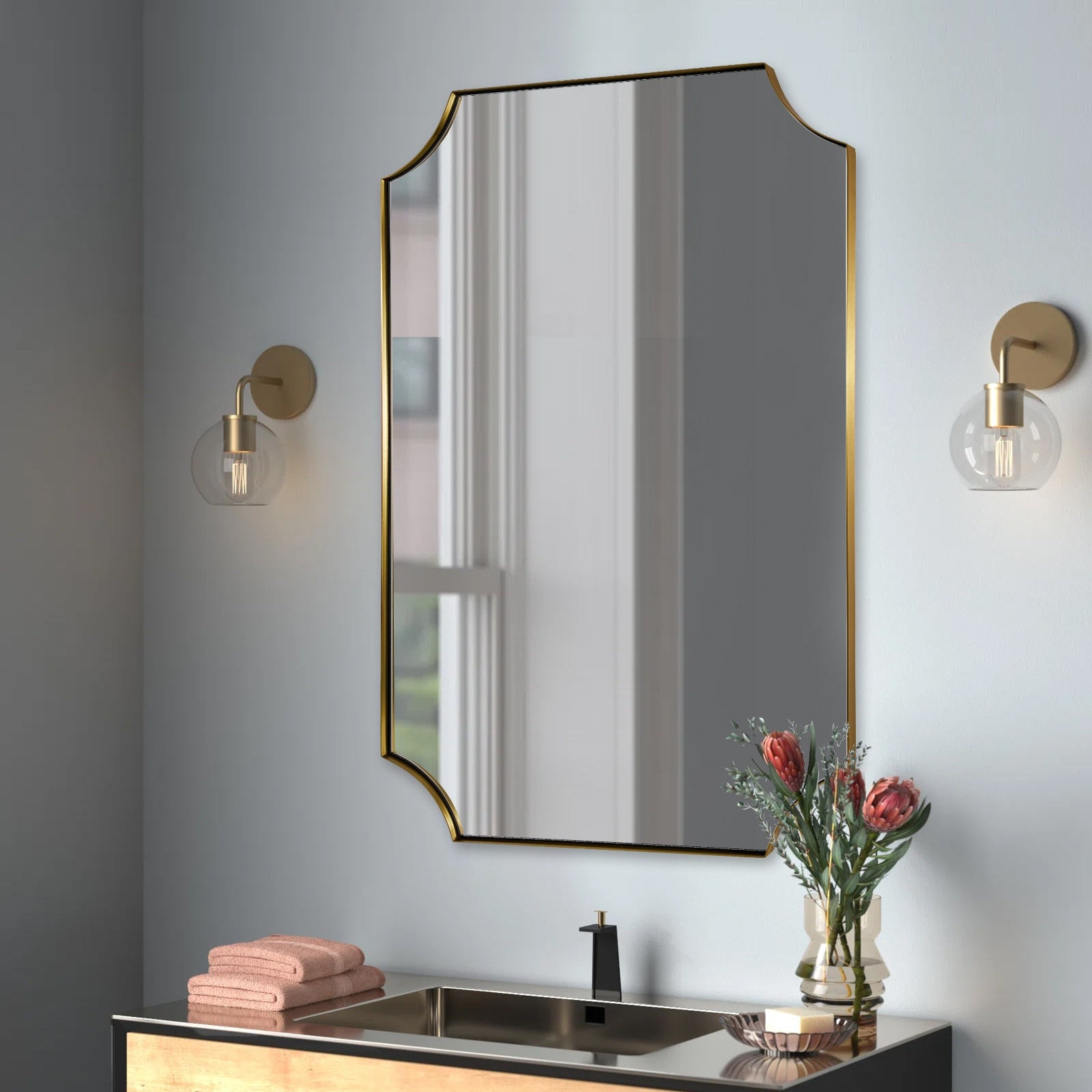 Contemporary  Rounded Notched Corner Scalloped  Rectangle Bathroom Vanity Mirror | Stainless Steel Frame