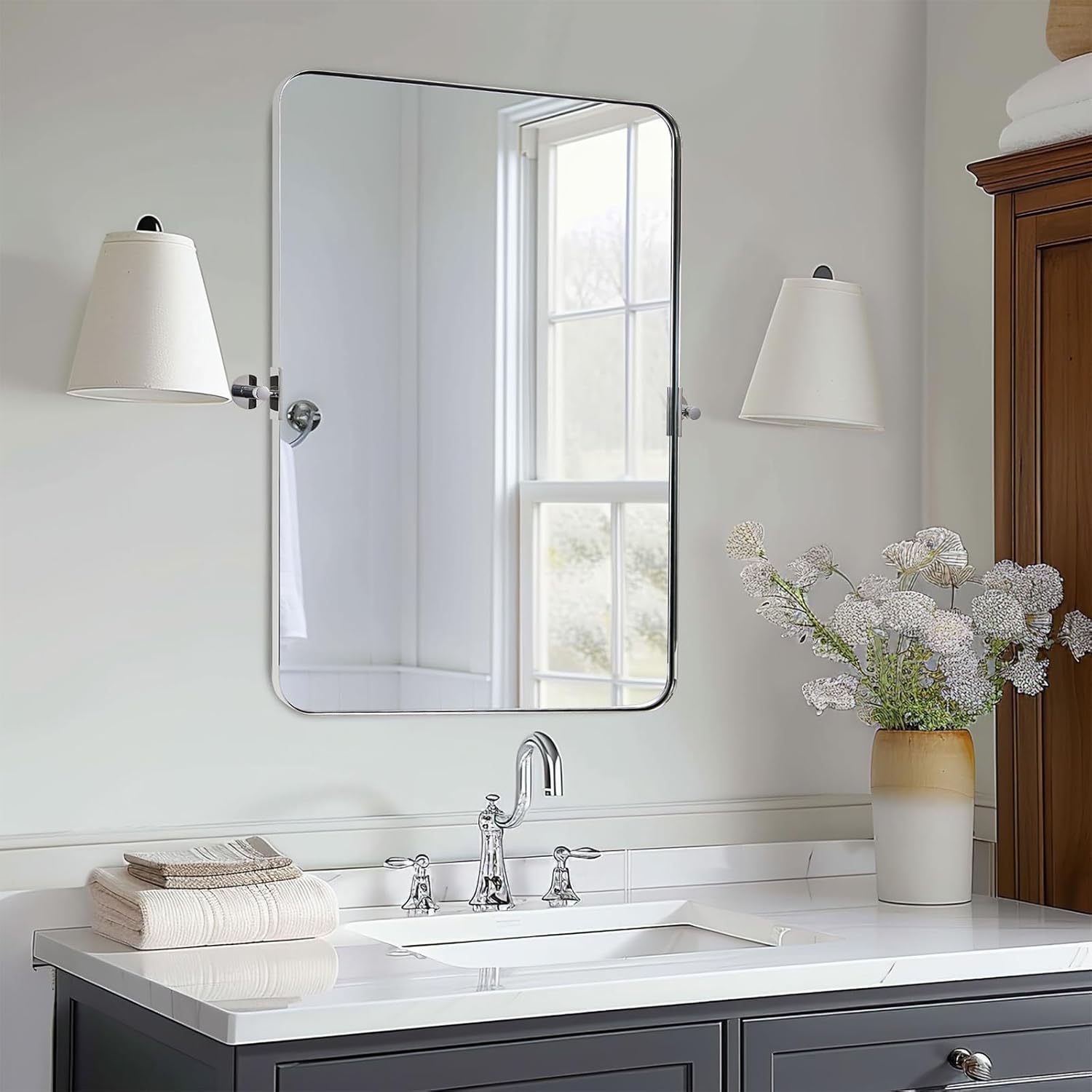 Open Box Like New: Tilting Pivot Rectangular Bathroom Mirrors | Stainless Steel Frame