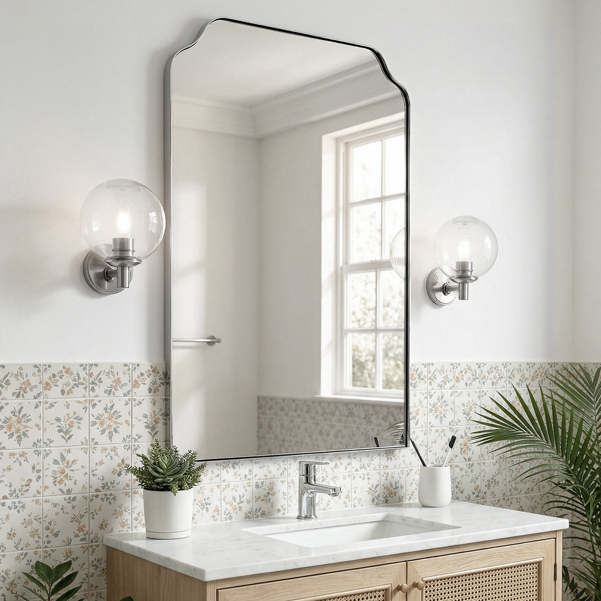 Contemporary Top Notched Corner Arch Scalloped Bathroom Vanity Mirror | Stainless Steel Frame