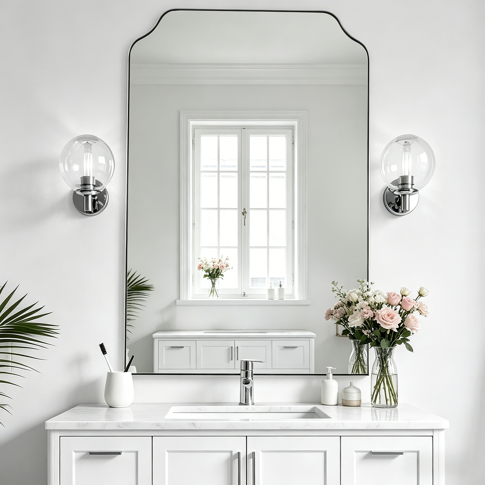 Modern Top Notched Corner Scalloped Bathroom Rectangle Vanity Wall Mirror | Stainless Steel Frame