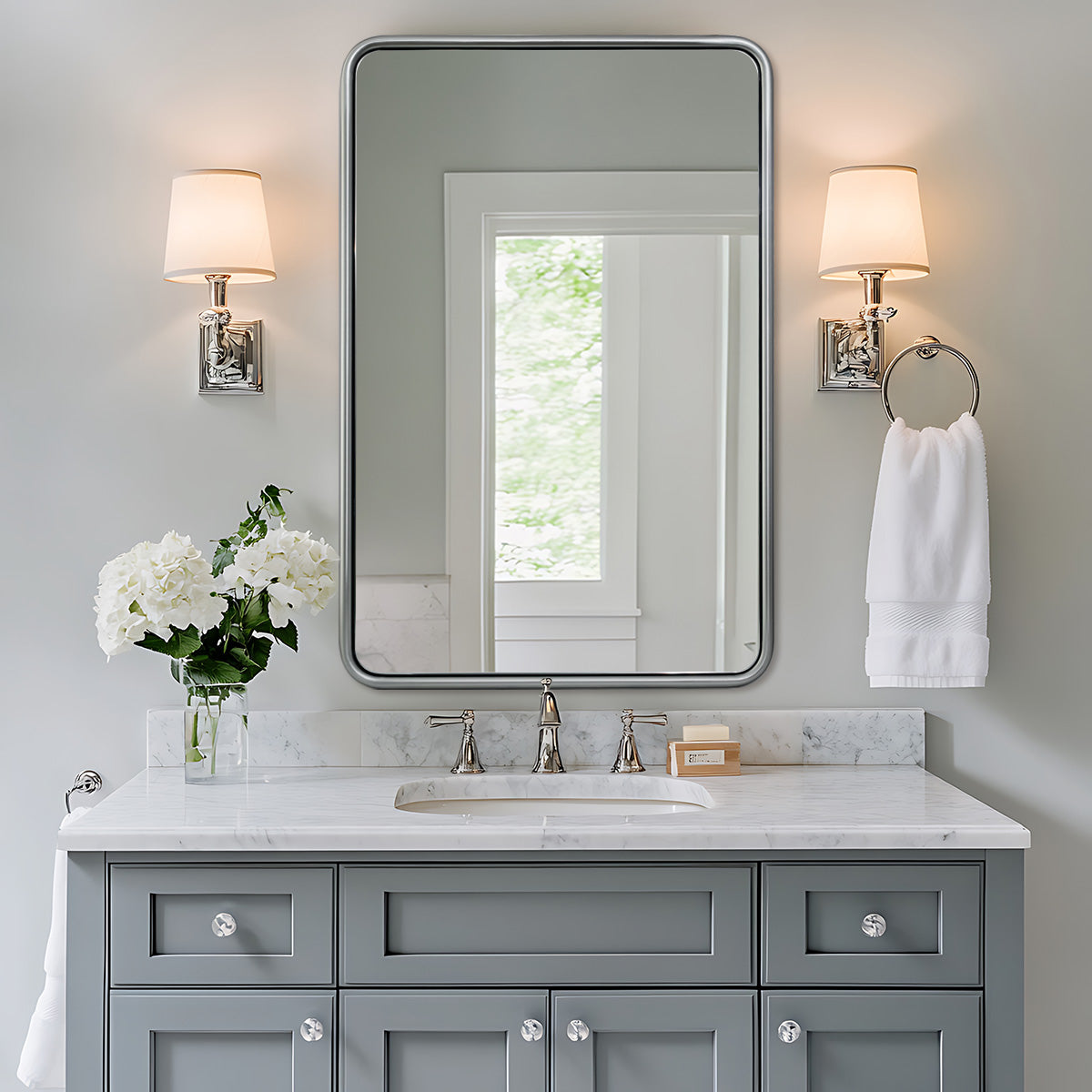 Modern Bathroom Mirror with Rounded Corners | Stainless Steel O-Tube Frame Design