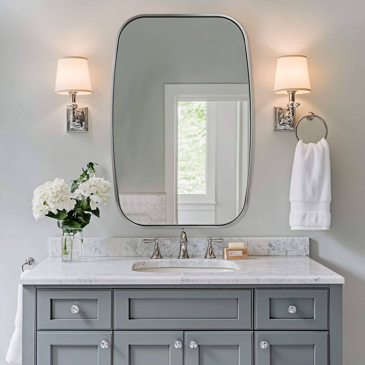 Contemporary Long Oval Oblong Bathroom Mirror | Stainless Steel Frame