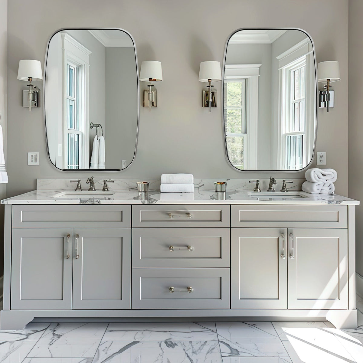 Contemporary Long Oval Oblong Bathroom Mirror | Stainless Steel Frame