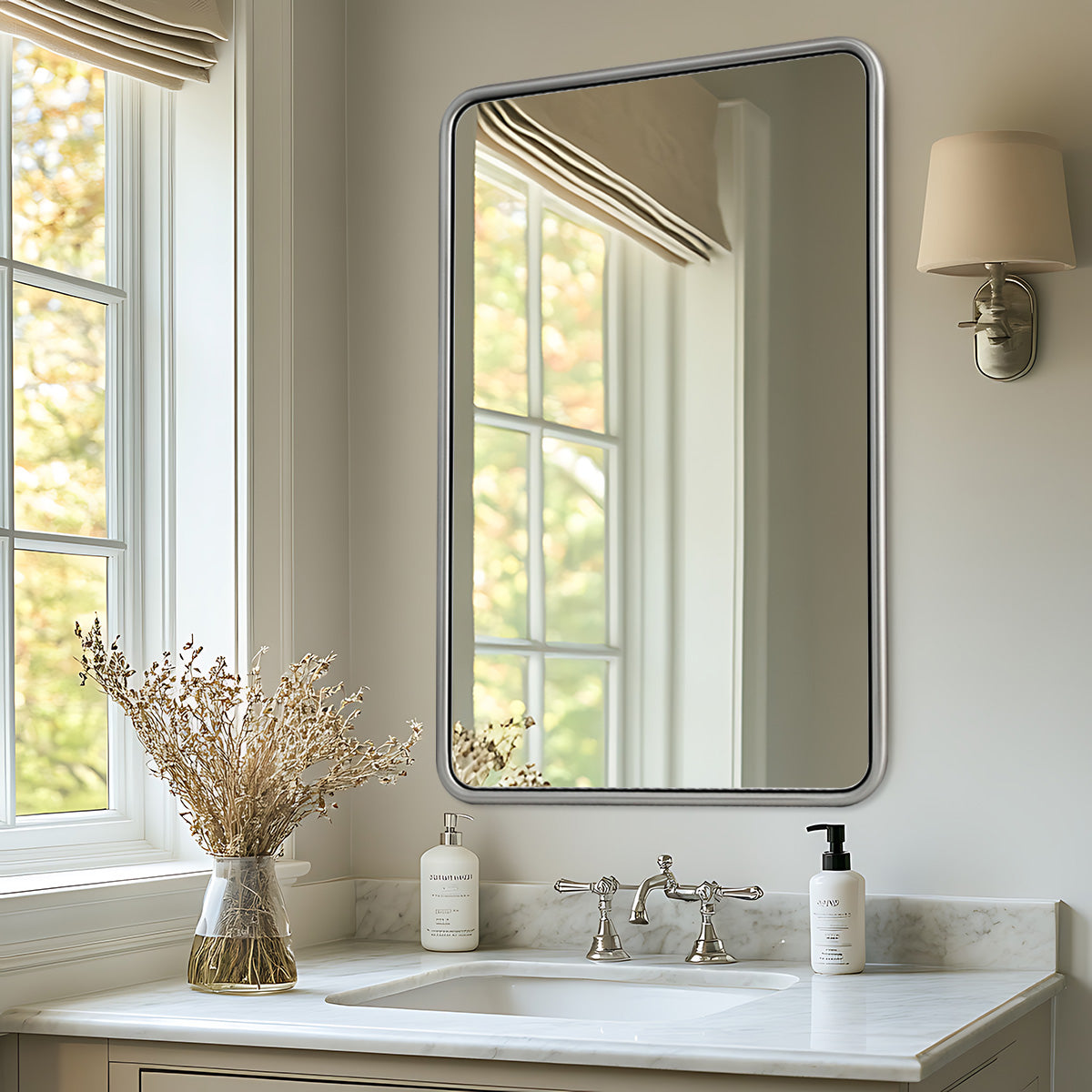 Modern Bathroom Mirror with Rounded Corners | Stainless Steel O-Tube Frame Design