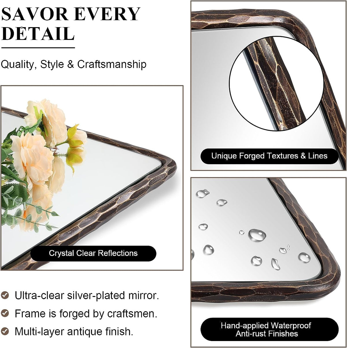 Antique Hand Hammer Frame  Forged Iron Rectangle Wall Mirrors Wrought Iron Mirror