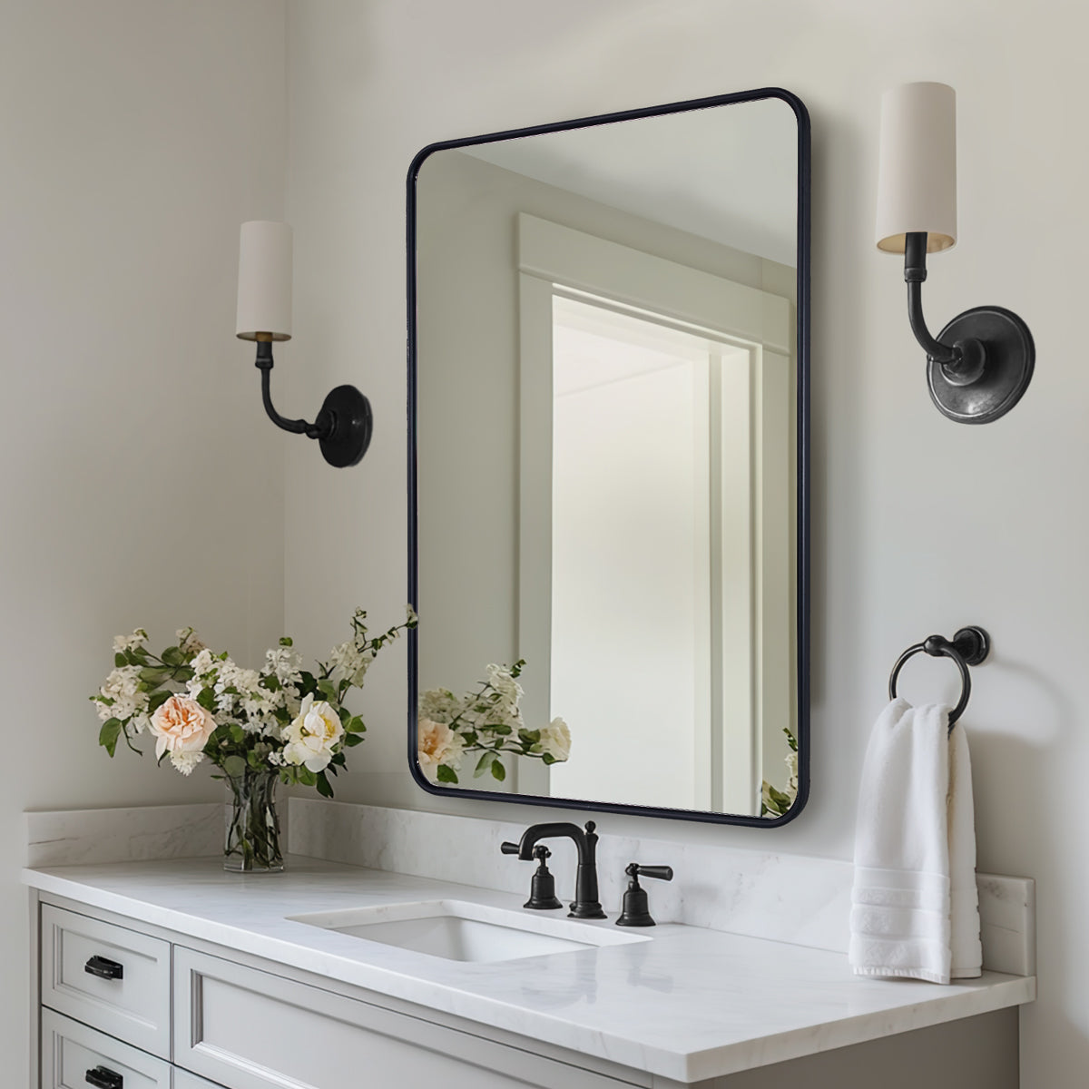 Contemporary Rounded Rectangular Bathroom Wall Mirror| Aluminum U-Tube  Framed