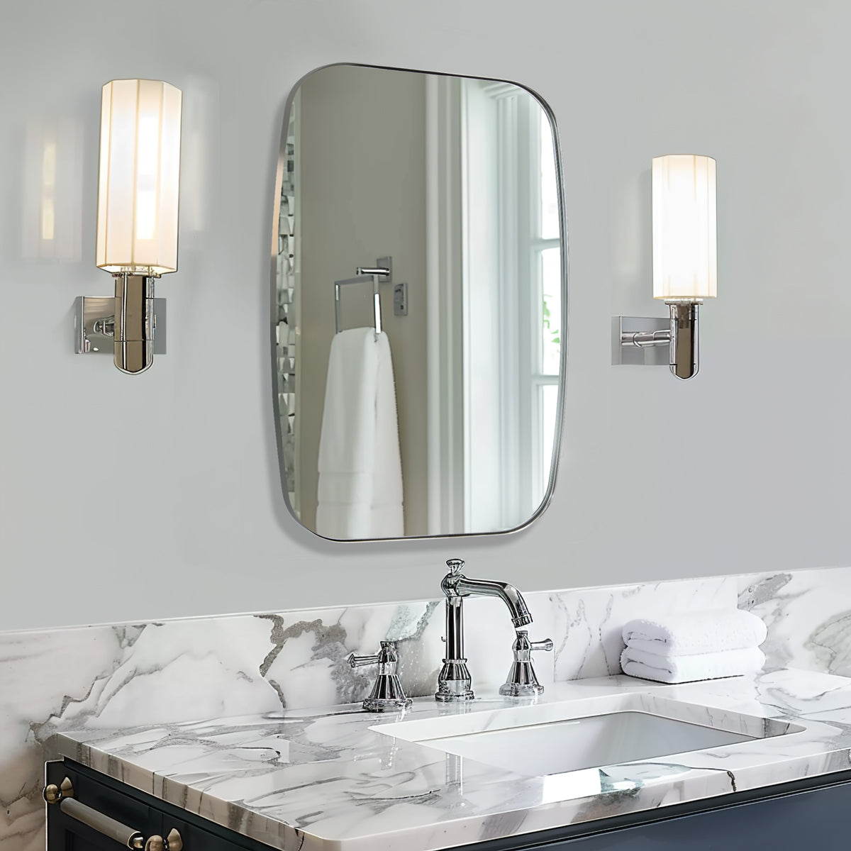 Modern Oblong Bathroom Mirror Long Oval Mirror with Stainless Steel Frame