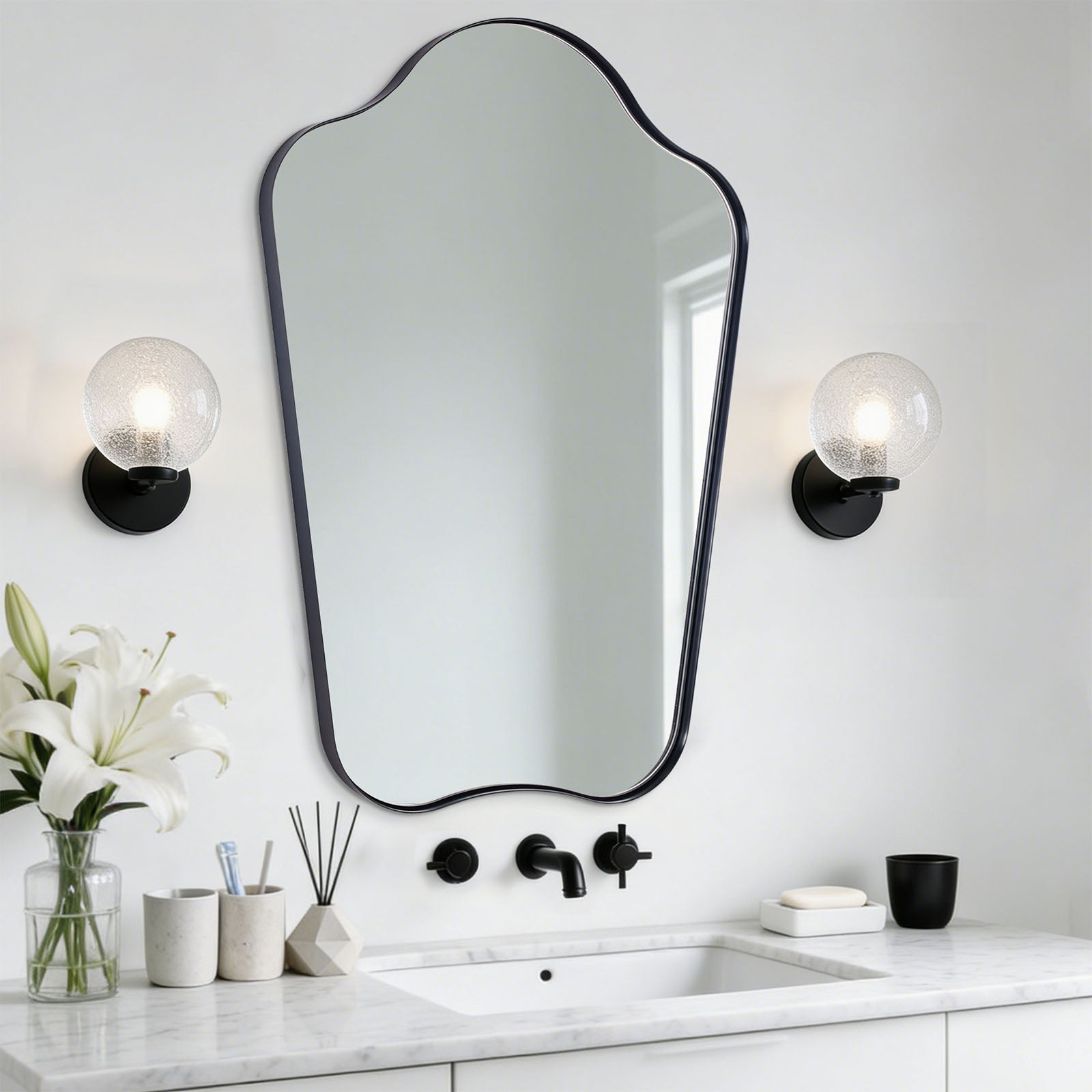 Contemporary Dual Arch Wall Mirror Irregular Scalloped Bathroom Mirror | Stainless Steel Frame