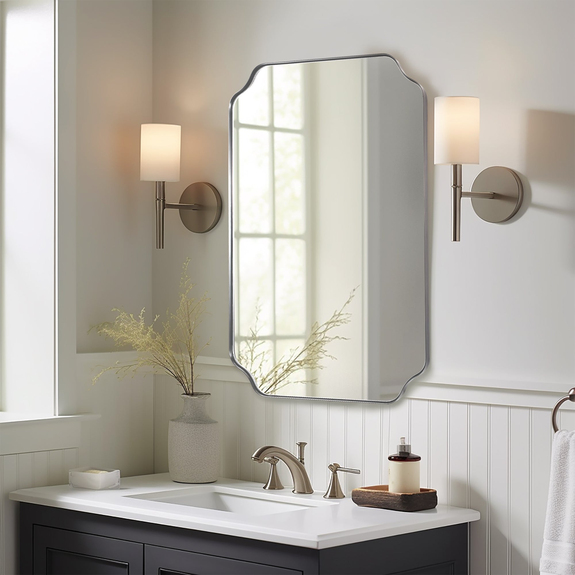 Contemporary Notched Corner Rectangle Scalloped Mirror for Wall /Bathroom | Stainless Steel Frame