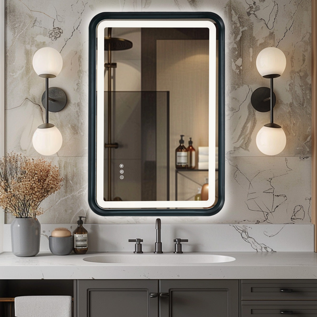 Black Belved Framed Bathroom Mirror With Lights, Led Mirror For Dual Front & Back Lights, Defogging & Memory