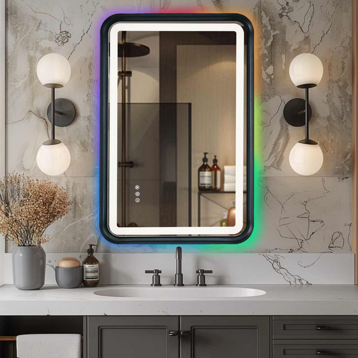 Black Framed Bathroom Mirror With Lights, Led Mirror For Dual Front & Back Lights, Defogging & Memory