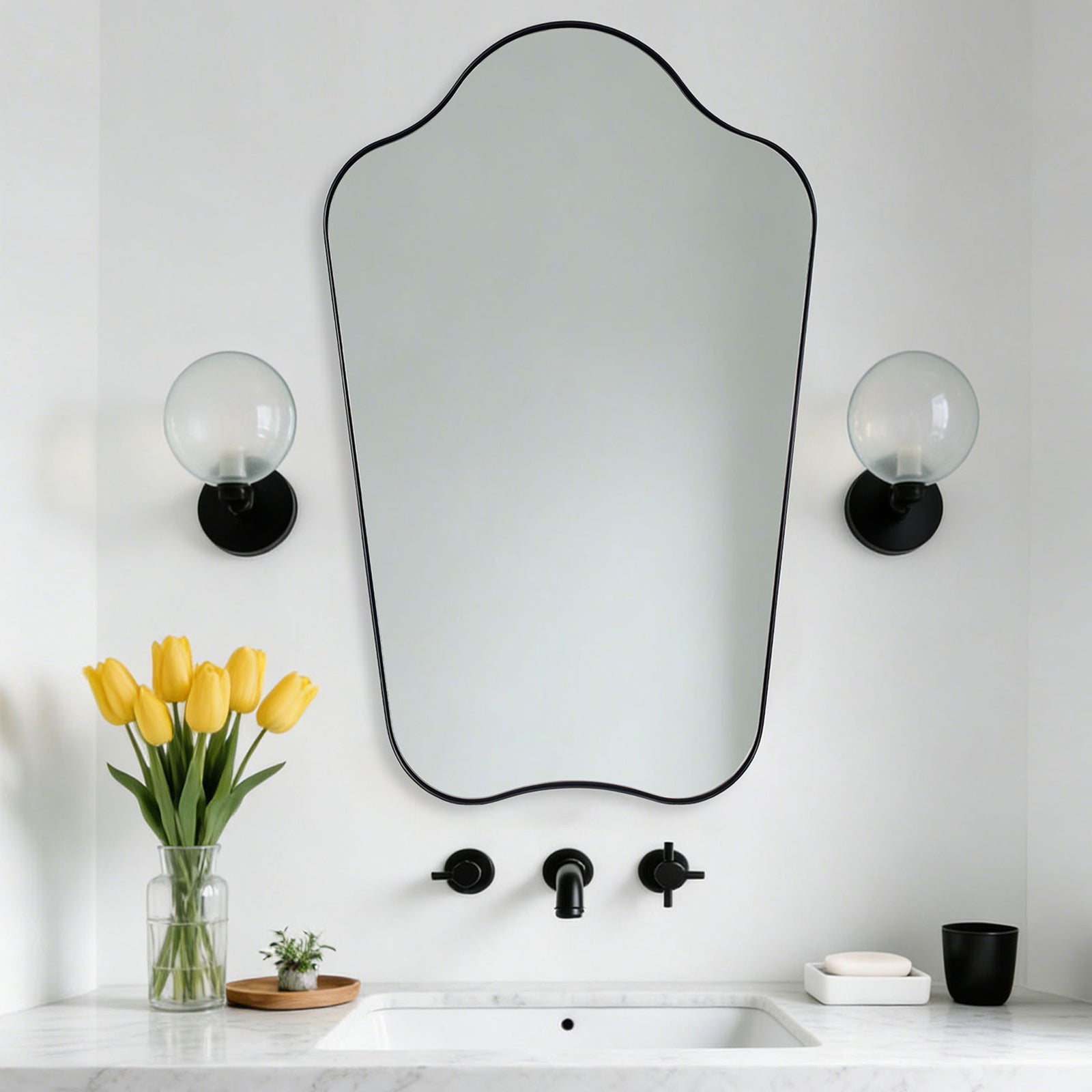 Contemporary Dual Arch Wall Mirror Irregular Scalloped Bathroom Mirror | Stainless Steel Frame