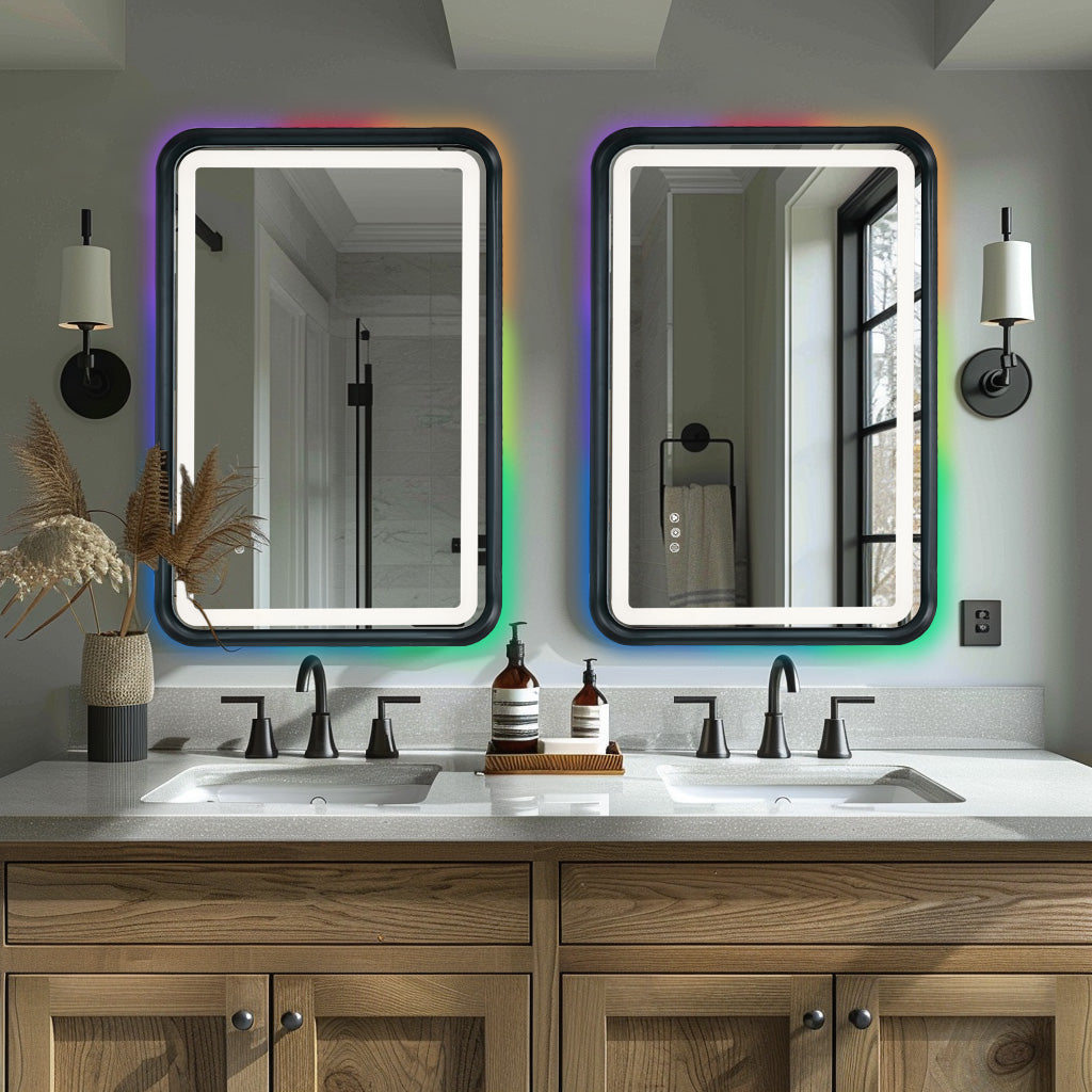 Black Framed Bathroom Mirror With Lights, Led Mirror For Dual Front & Back Lights, Defogging & Memory