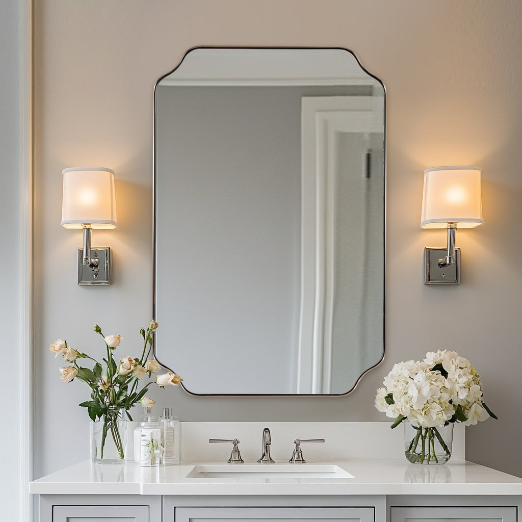 Contemporary Notched Corner Rectangle Scalloped Mirror for Wall /Bathroom | Stainless Steel Frame