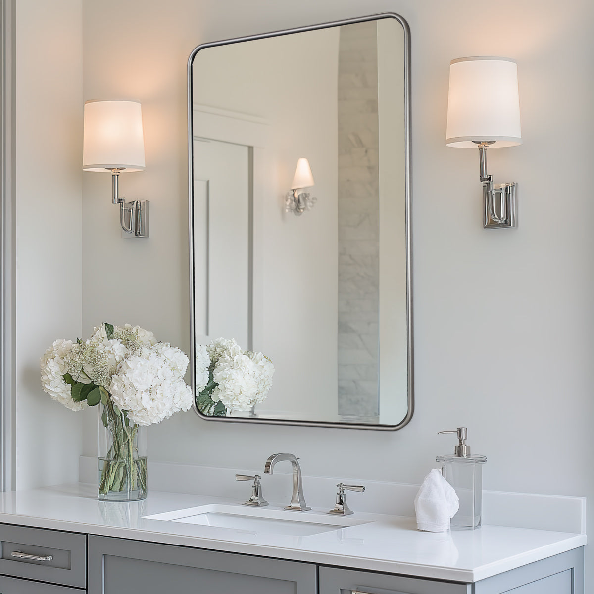 Contemporary Rounded Rectangular Bathroom Wall Mirror| Aluminum U-Tube  Framed