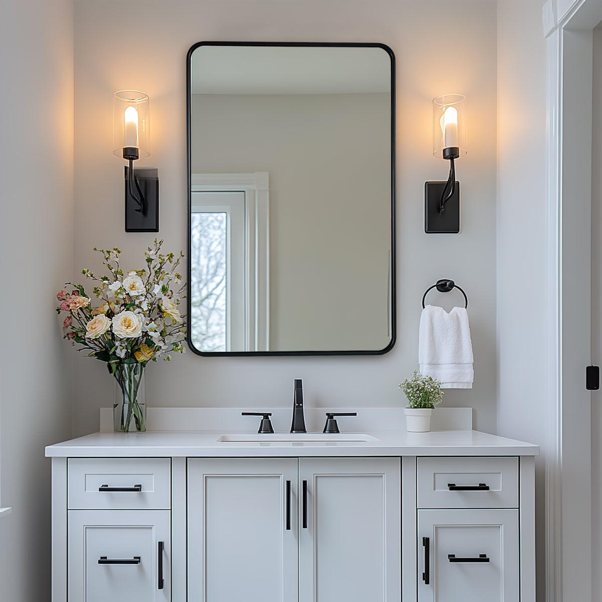 Contemporary Rounded Rectangular Bathroom Wall Mirror| Aluminum U-Tube  Framed