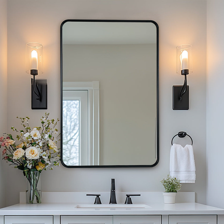 Contemporary Rounded Rectangular Bathroom Wall Mirror| Aluminum U-Tube  Framed