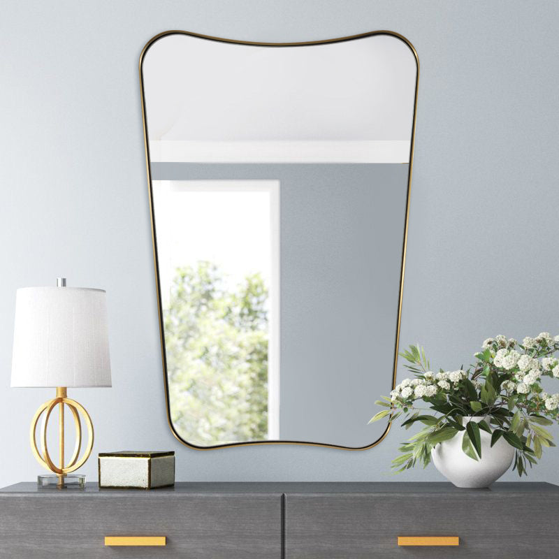 Concave Top Rectangle Scalloped Bathroom Wall Mirror, Brushed Gold