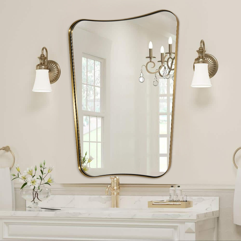 Concave Top Rectangle Irregular Scalloped Bathroom Vanity Mirror Asymmetrical Mirror in Stainless Steel Metal Frame