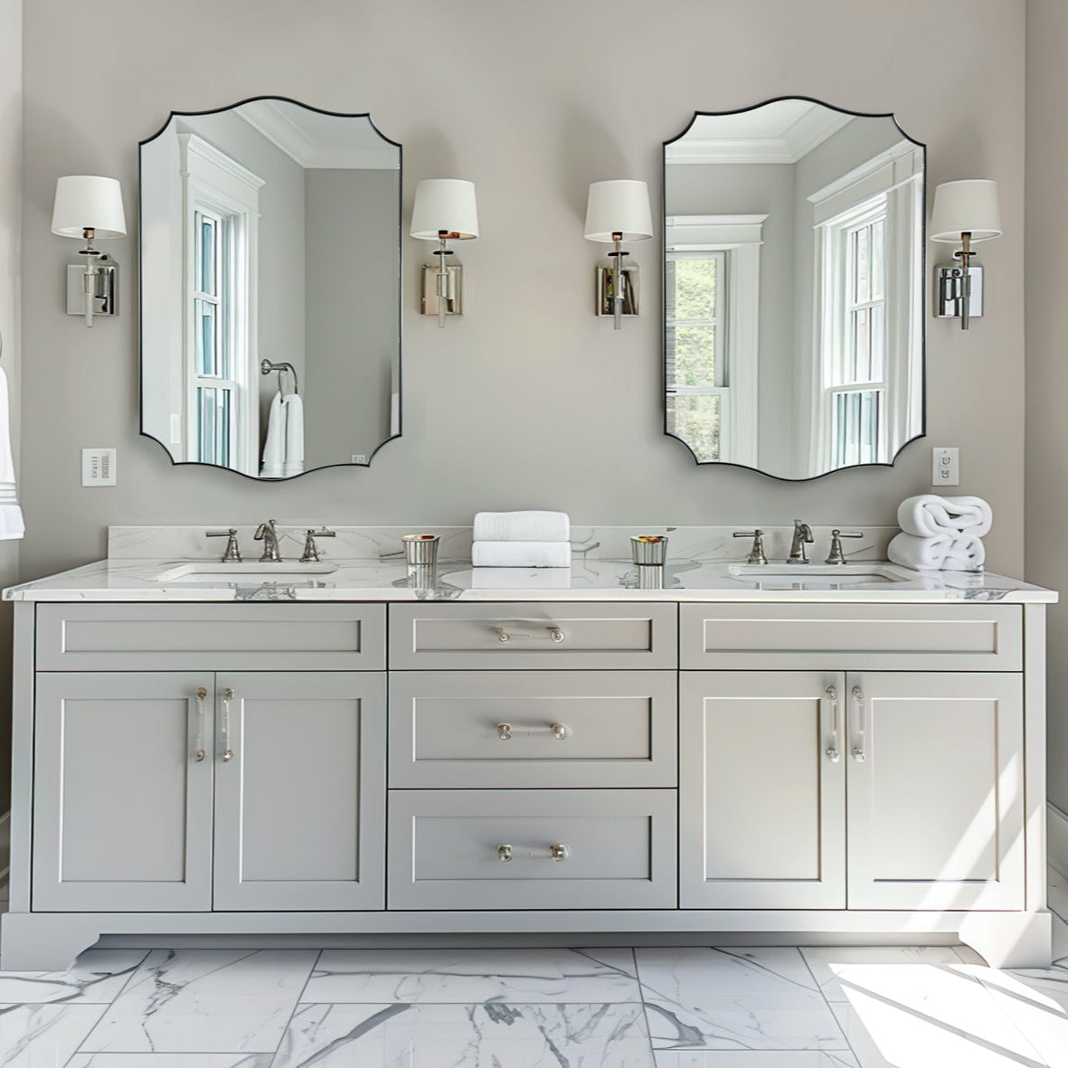 Traditional Rectangle Scalloped  Wall Mirror for Bathroom | Stainless Steel Frame