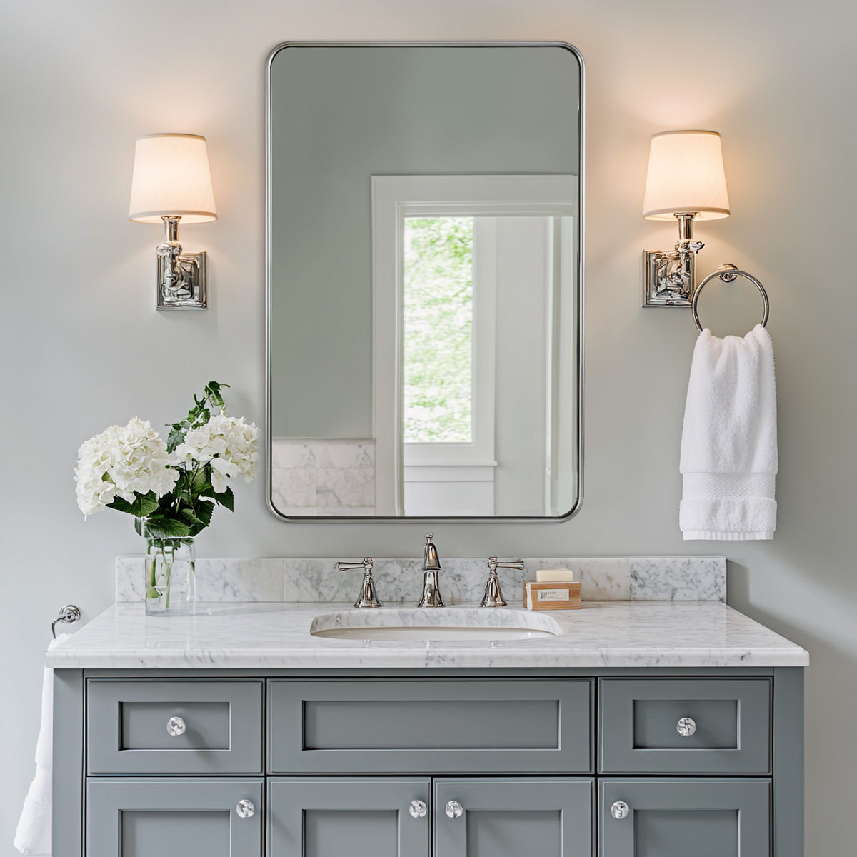 Contemporary Rounded Rectangular Bathroom Wall Mirror| Aluminum U-Tube  Framed