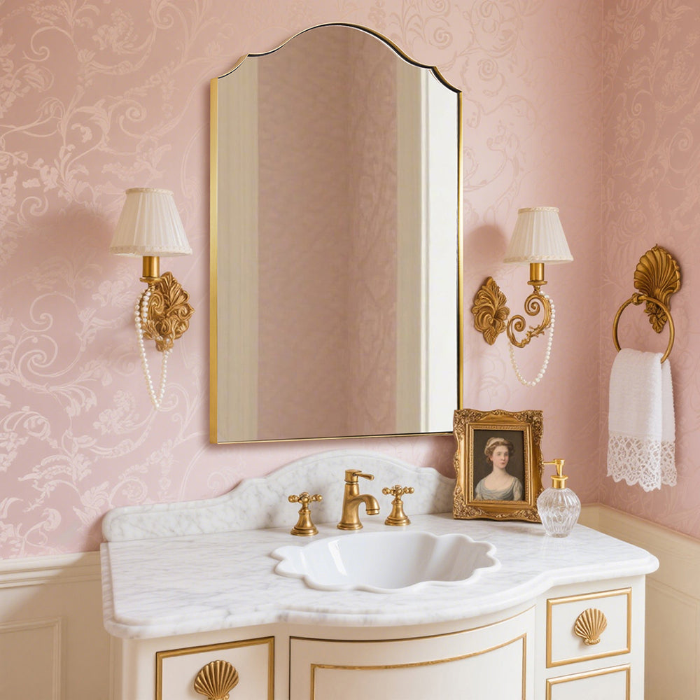 Contemporary Arched Curved Scalloped Mirror Bathroom Vanity Mirror | Stainless Steel Frame