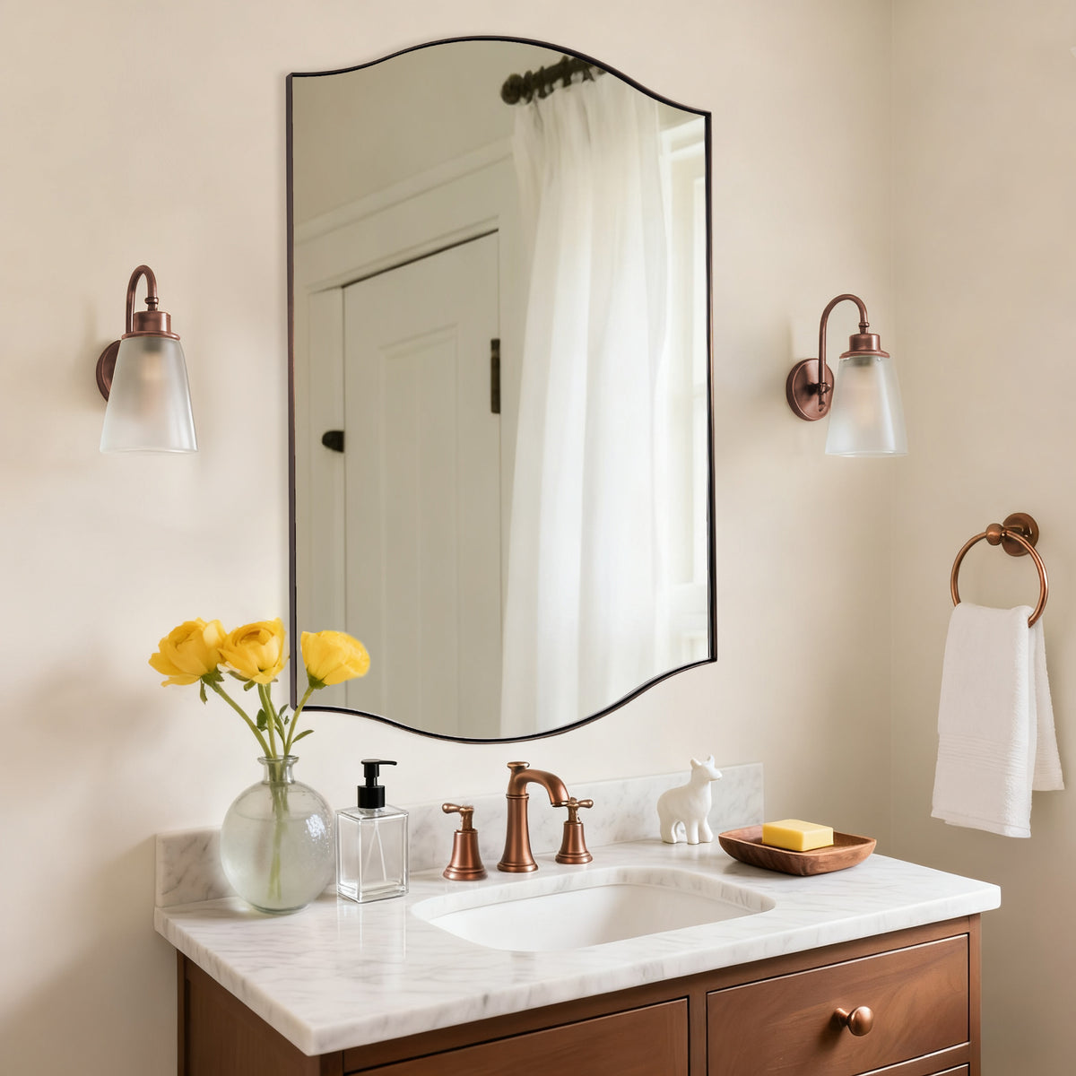 Dual Curve Arch Rectangular Scalloped  Bathroom Wall Mirror |Stainless Steel Framed