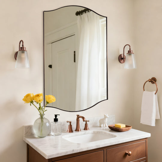 Dual Curve Arch Rectangular Scalloped  Bathroom Wall Mirror |Stainless Steel Framed