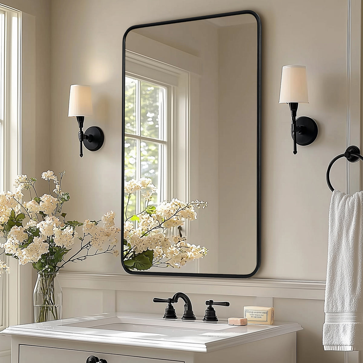 Contemporary Rounded Rectangular Bathroom Mirrors| Stainless Steel Thick Frame