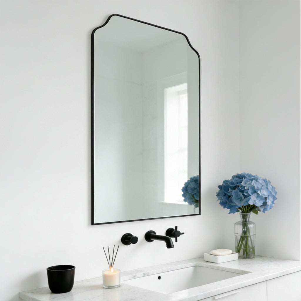 Modern Top Notched Corner Scalloped Bathroom Rectangle Vanity Wall Mirror | Stainless Steel Frame