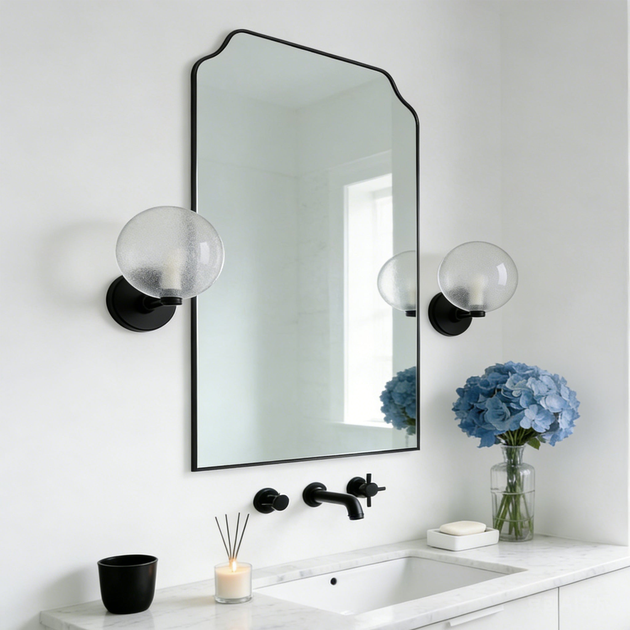 Modern Top Notched Corner Scalloped Bathroom Rectangle Vanity Wall Mirror | Stainless Steel Frame