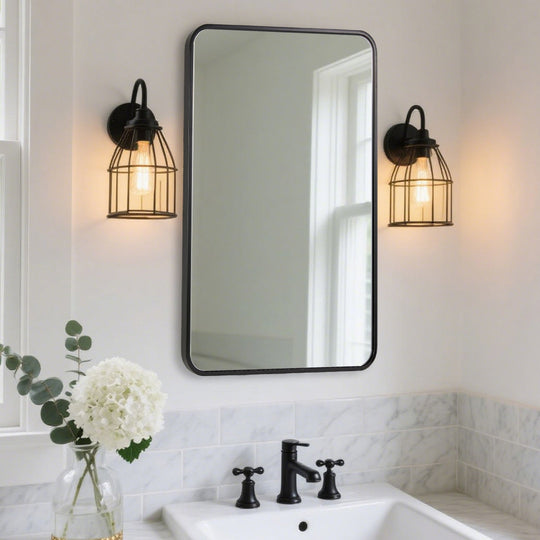 Modern Bold Stainless Steel Framed Rounded Rectangular Bathroom Wall Mirror