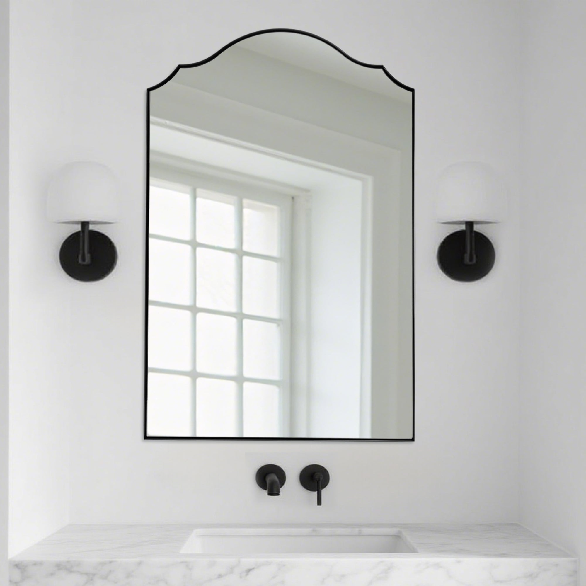 Contemporary Arched Curved Scalloped Mirror Bathroom Vanity Mirror | Stainless Steel Frame