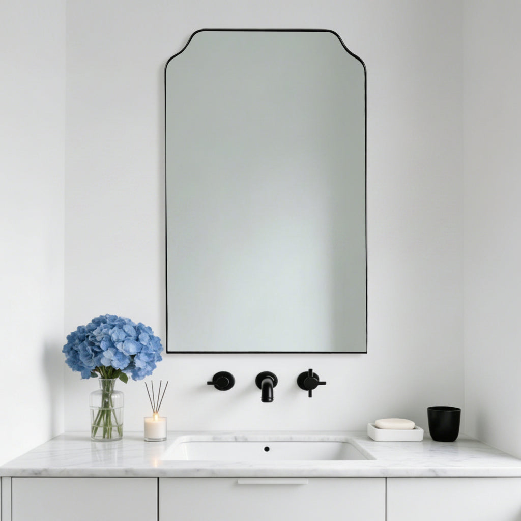 Modern Top Notched Corner Scalloped Bathroom Rectangle Vanity Wall Mirror | Stainless Steel Frame