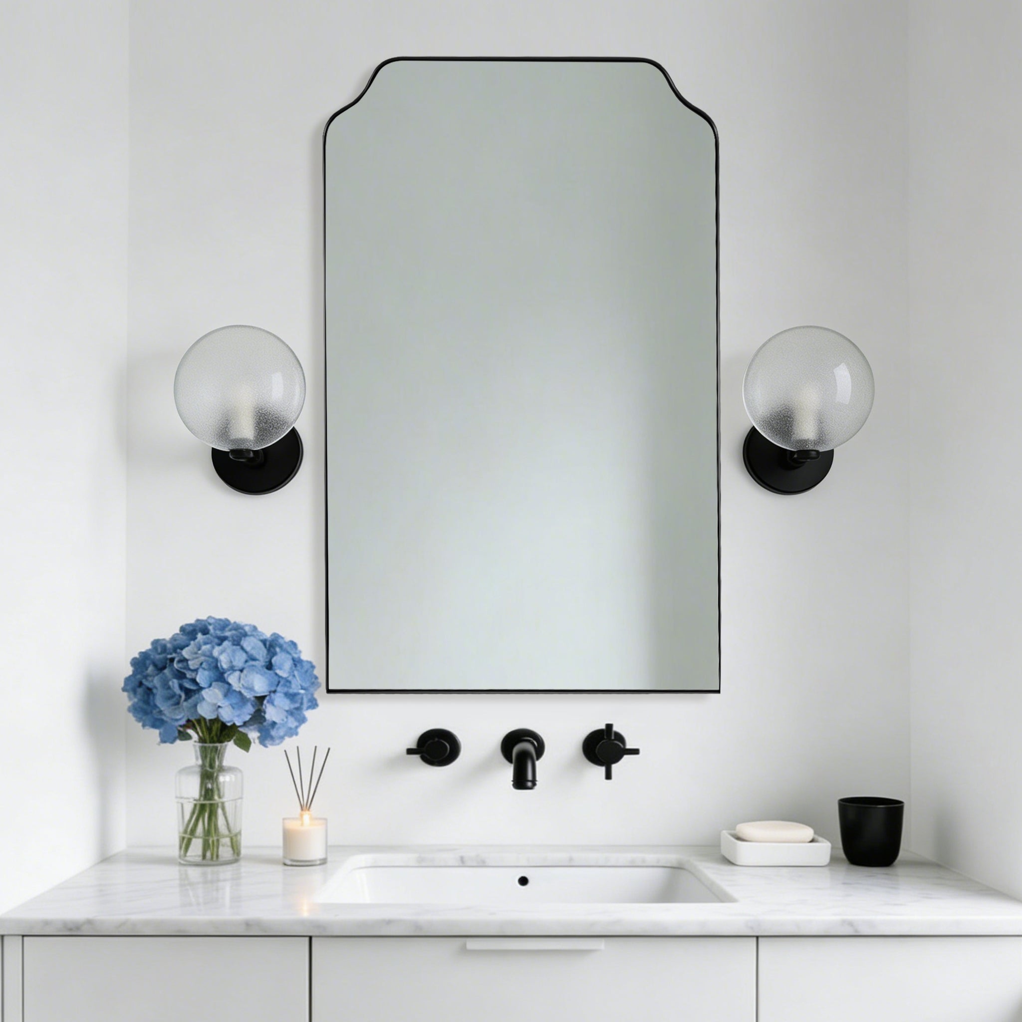 Modern Top Notched Corner Scalloped Bathroom Rectangle Vanity Wall Mirror | Stainless Steel Frame