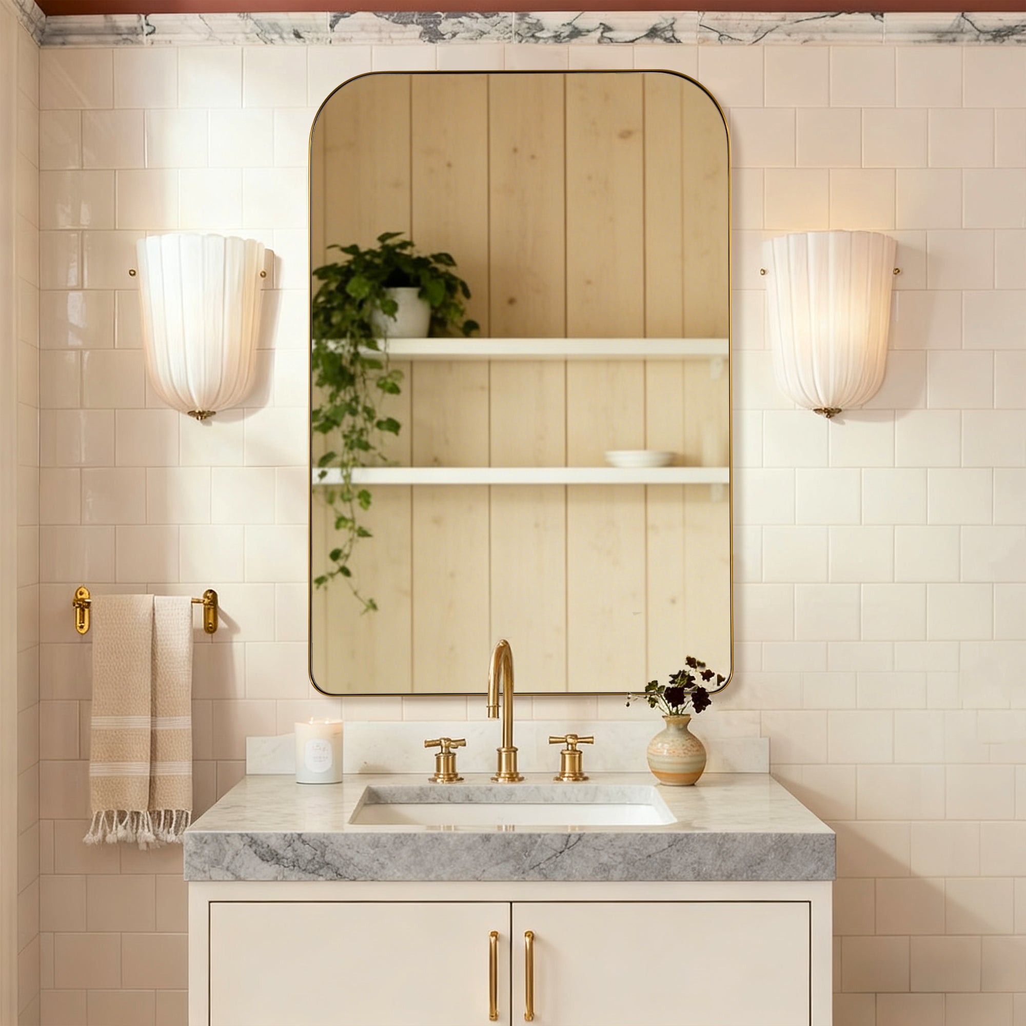 Modern Mantel Wide Arch Rectangle Bathroom Vanity  Mirror | Stainless Steel Frame