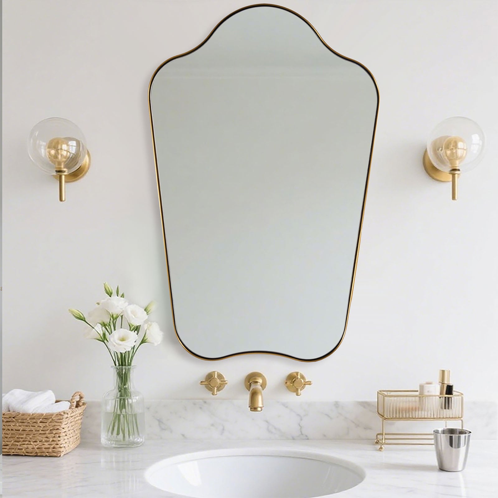 Contemporary Dual Arch Wall Mirror Irregular Scalloped Bathroom Mirror | Stainless Steel Frame