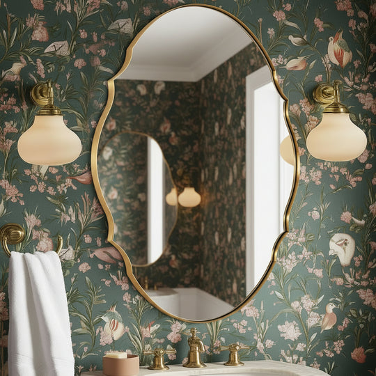 Contemporary Oval Scalloped Wall Mirror Irregular Bathroom Vanity Mirror| Stainless Steel Frame