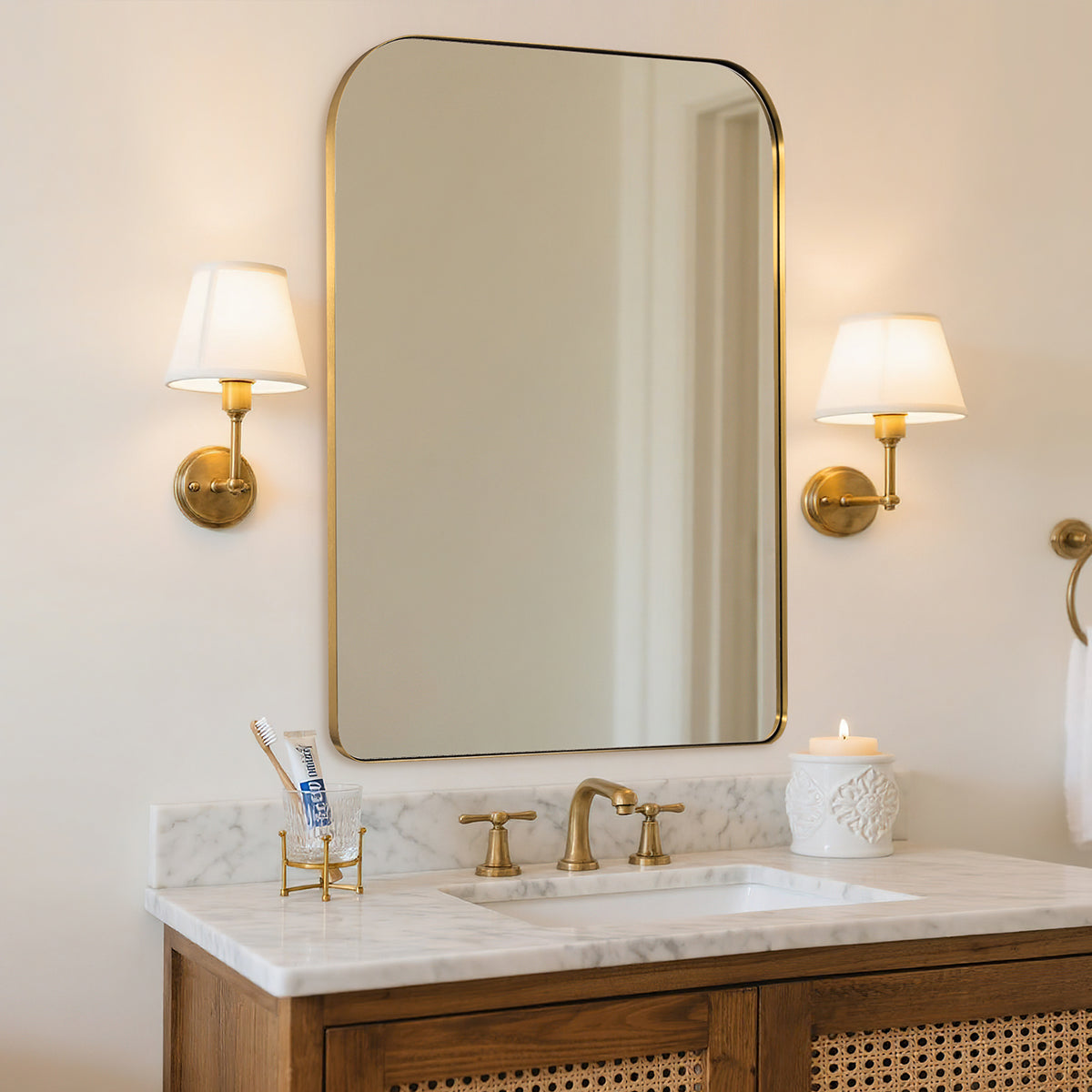 Modern Mantel Wide Arch Rectangle Bathroom Vanity  Mirror | Stainless Steel Frame