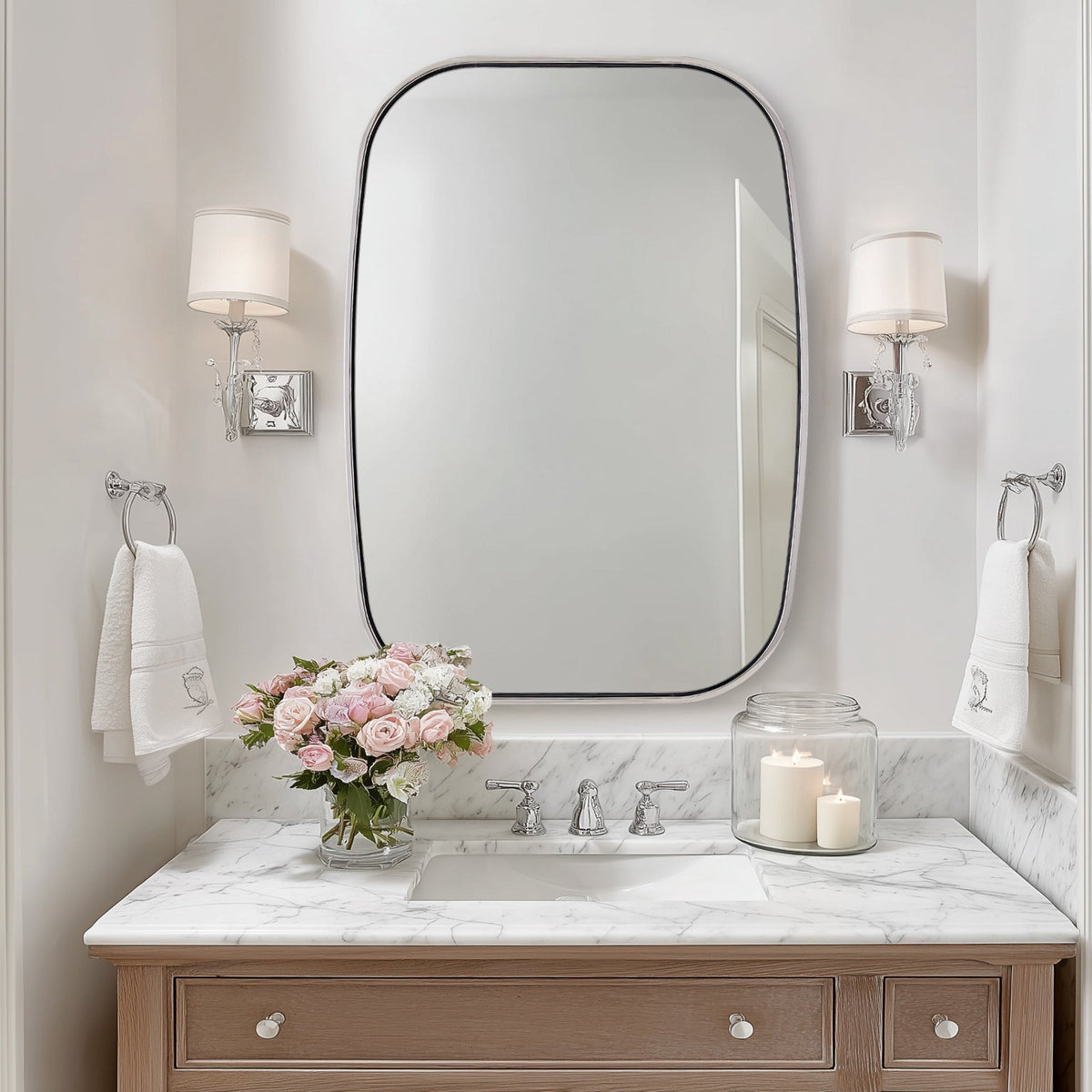Contemporary Long Oval Oblong Bathroom Mirror | Stainless Steel Frame