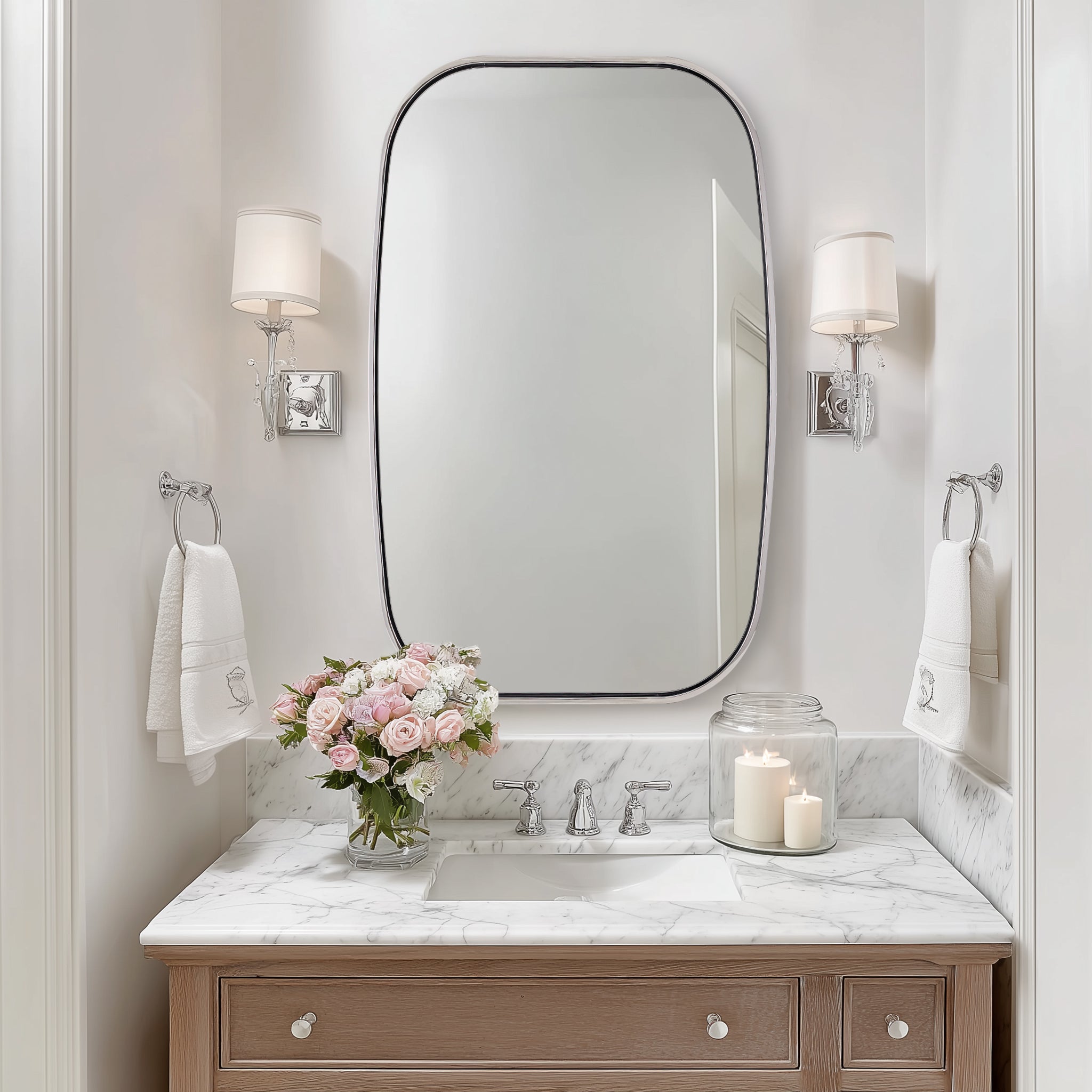 Contemporary Long Oval Oblong Bathroom Mirror | Stainless Steel Frame
